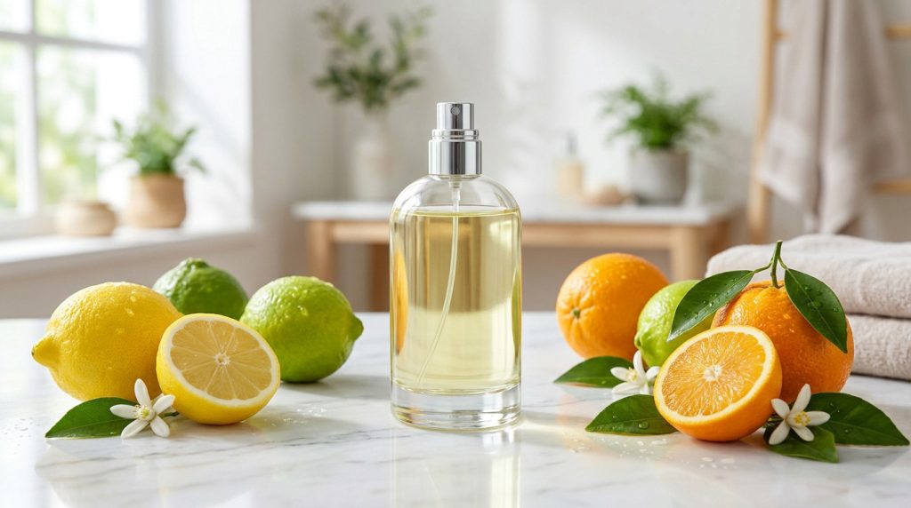 Flacon d'eau de Cologne entouré de citrons, citrons verts et oranges sur un plan de travail en marbre dans une salle de bain.