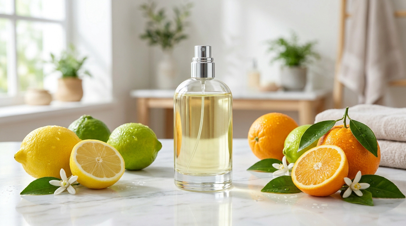 Flacon d'eau de Cologne entouré de citrons, citrons verts et oranges sur un plan de travail en marbre dans une salle de bain.