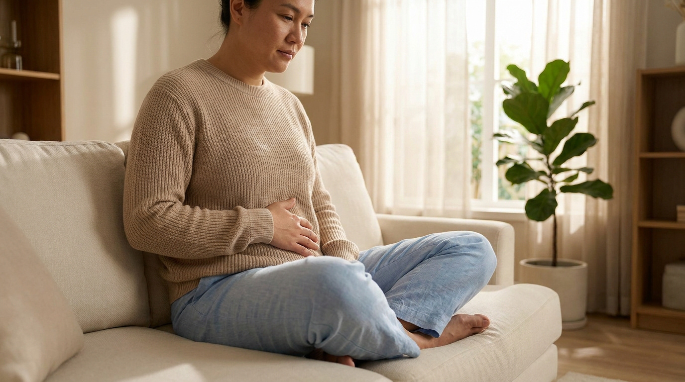 Une femme assise sur un canapé, la main posée sur son bas-ventre avec un air préoccupé.