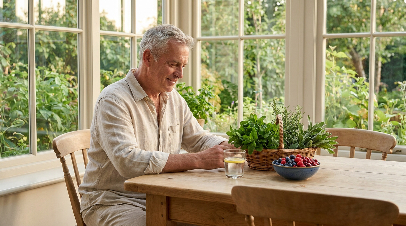 Un homme mûr souriant assis à une table en bois avec des herbes fraîches, des baies et un verre d'eau citronnée.