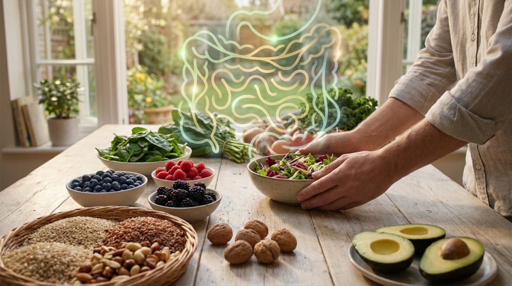 Une personne préparant une salade saine avec une illustration lumineuse du système digestif au-dessus.