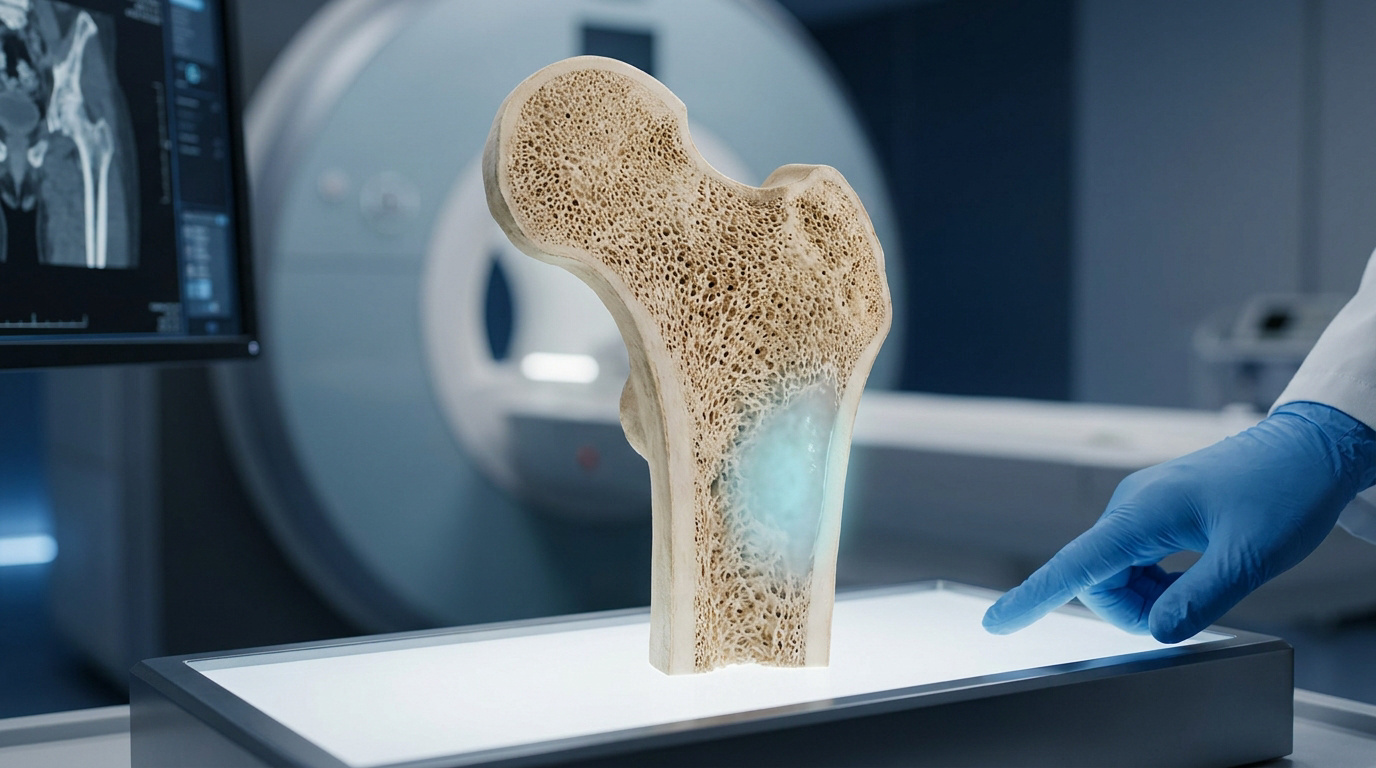 Modèle 3D d'un fémur humain avec une zone d'oedème lumineux, examiné par un médecin devant un appareil d'IRM.