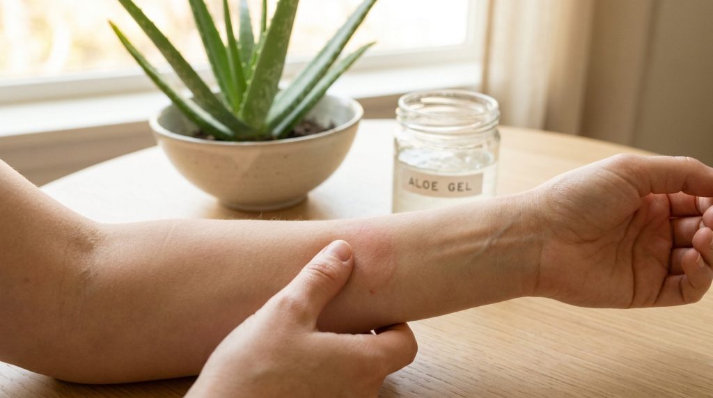 Une personne montre une rougeur sur son avant-bras à côté d'un pot de gel d'aloe vera sur une table.
