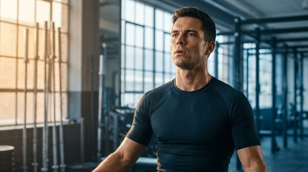 Un homme athlétique et en sueur se tient debout avec une expression déterminée dans une salle de sport lumineuse.