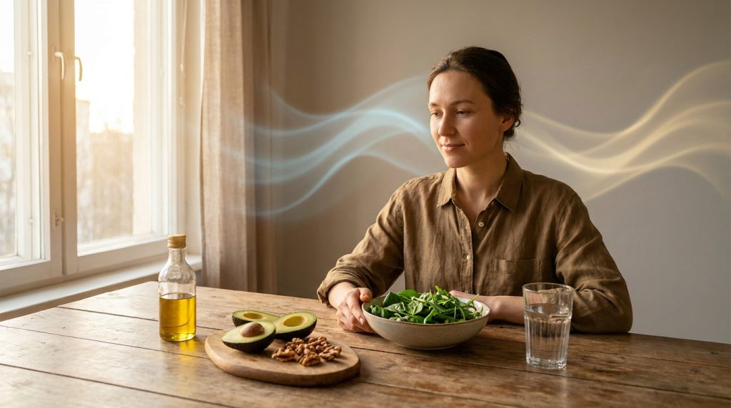 Femme assise à table avec des aliments sains comme de l'avocat, des noix et une salade d'épinards.