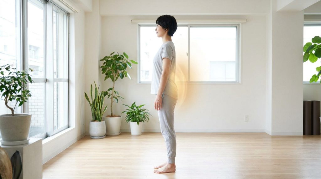 Une femme debout dans un intérieur lumineux avec une lueur dorée mettant en évidence la zone de son bas du dos.