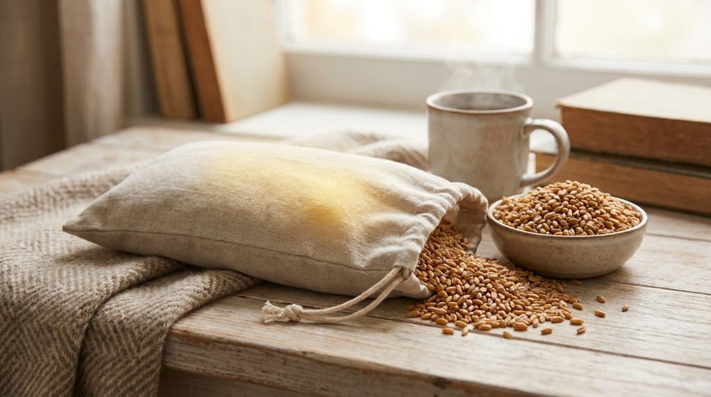 Un petit sac en lin ouvert laissant échapper des graines d'épeautre près d'une tasse fumante sur une table en bois.