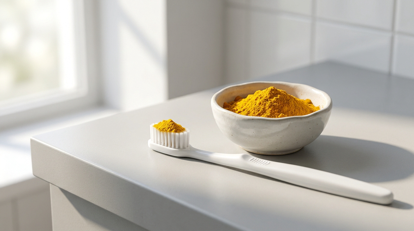 Une brosse à dents et un petit bol contenant de la poudre de curcuma jaune sur un plan de travail de salle de bain.
