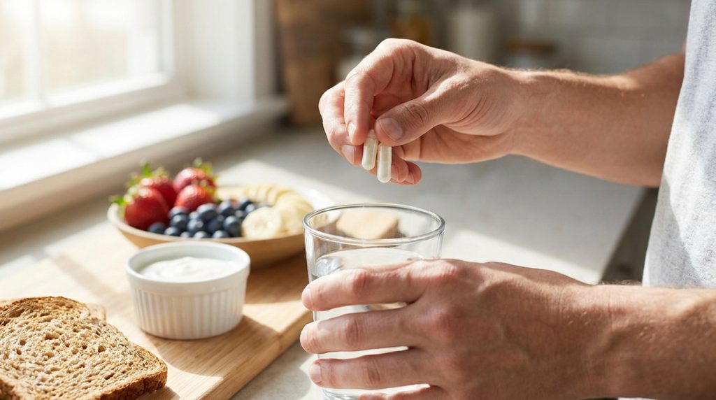 Personne tenant deux gélules au-dessus d'un verre d'eau avec un petit-déjeuner sain en arrière-plan.