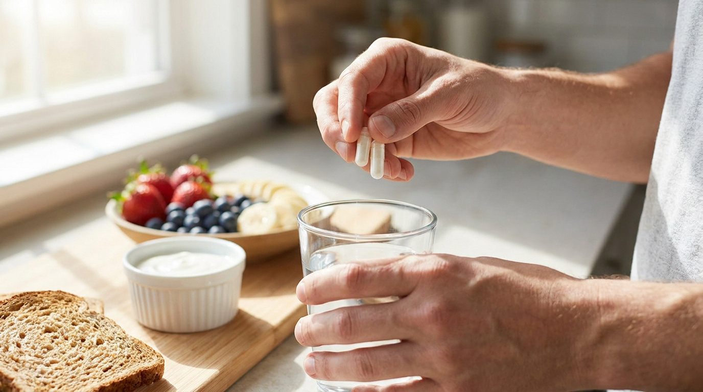 Personne tenant deux gélules au-dessus d'un verre d'eau avec un petit-déjeuner sain en arrière-plan.