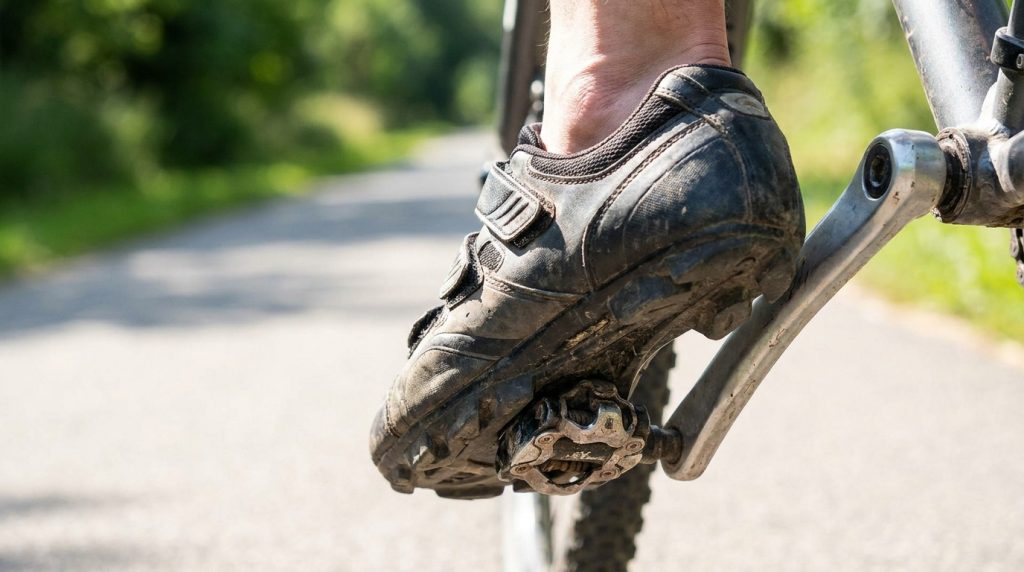 Gros plan sur une chaussure de cycliste clipsée sur une pédale lors d'une sortie sur une route goudronnée.