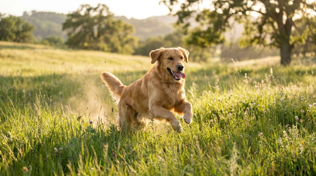 Un golden retriever qui court joyeusement dans un champ d'herbes hautes sous une lumière dorée.