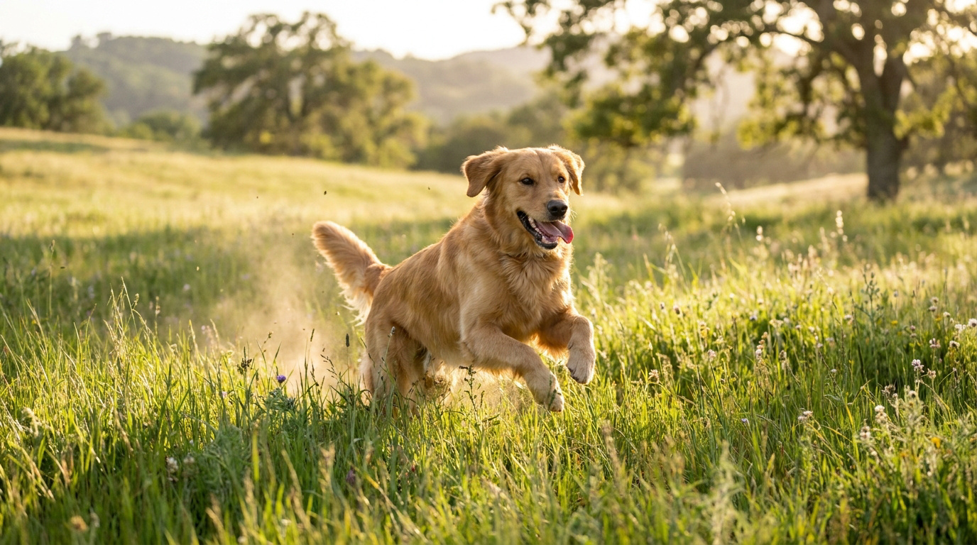 Un golden retriever qui court joyeusement dans un champ d'herbes hautes sous une lumière dorée.