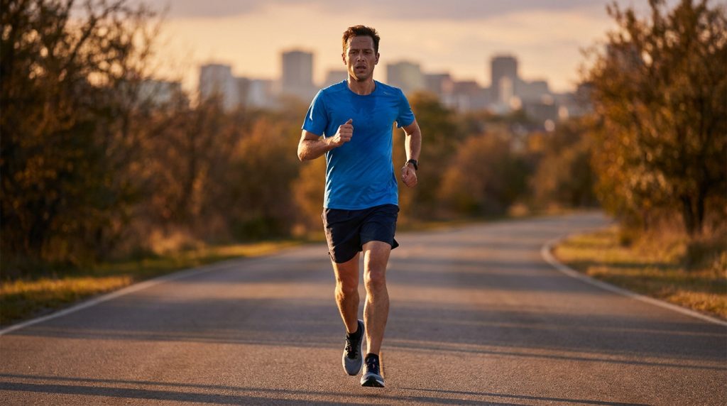Un coureur essoufflé en t-shirt bleu court sur une route asphaltée au coucher du soleil avec une ville en arrière-plan.