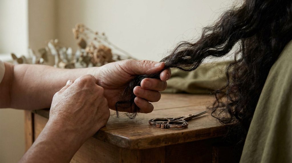 Mains tenant une mèche de cheveux longs et sombres au-dessus d'une table en bois avec une paire de ciseaux vintage.