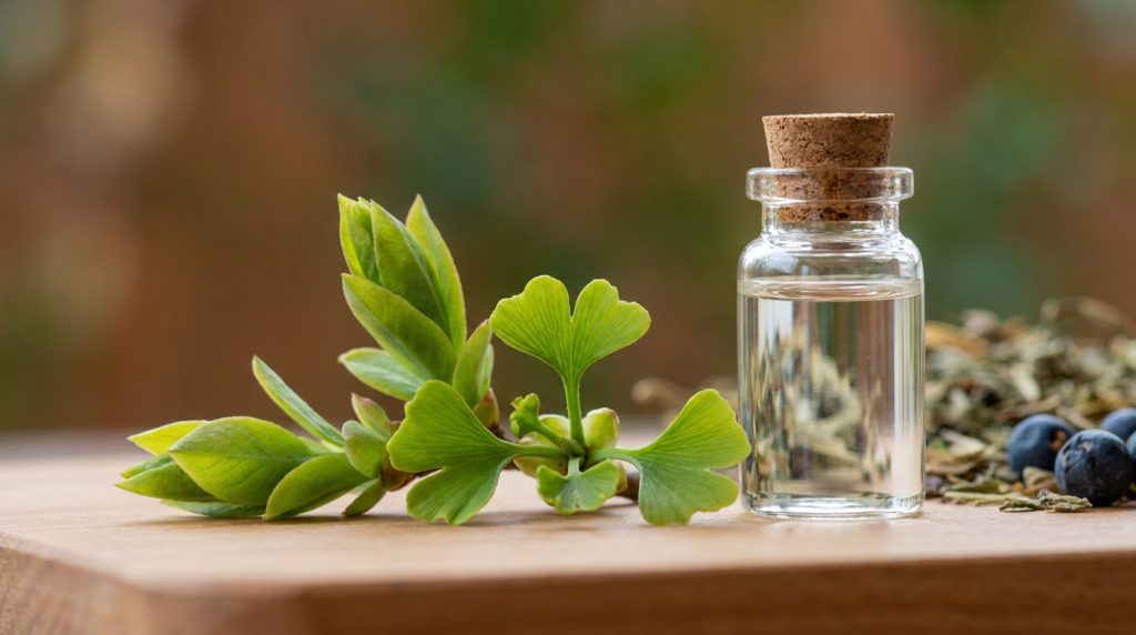Une fiole d'huile essentielle à côté de feuilles de ginkgo biloba fraîches et de baies sur une table en bois.
