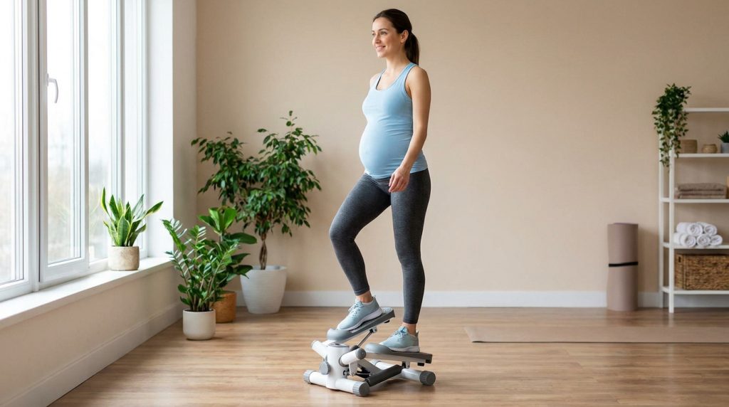 Une femme enceinte en tenue de sport s'entraîne en douceur sur un stepper dans un salon lumineux.