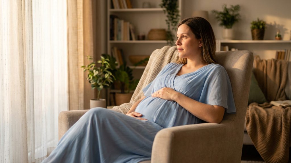 Femme enceinte souriante vêtue d'une robe bleue, assise paisiblement dans un fauteuil près d'une fenêtre.