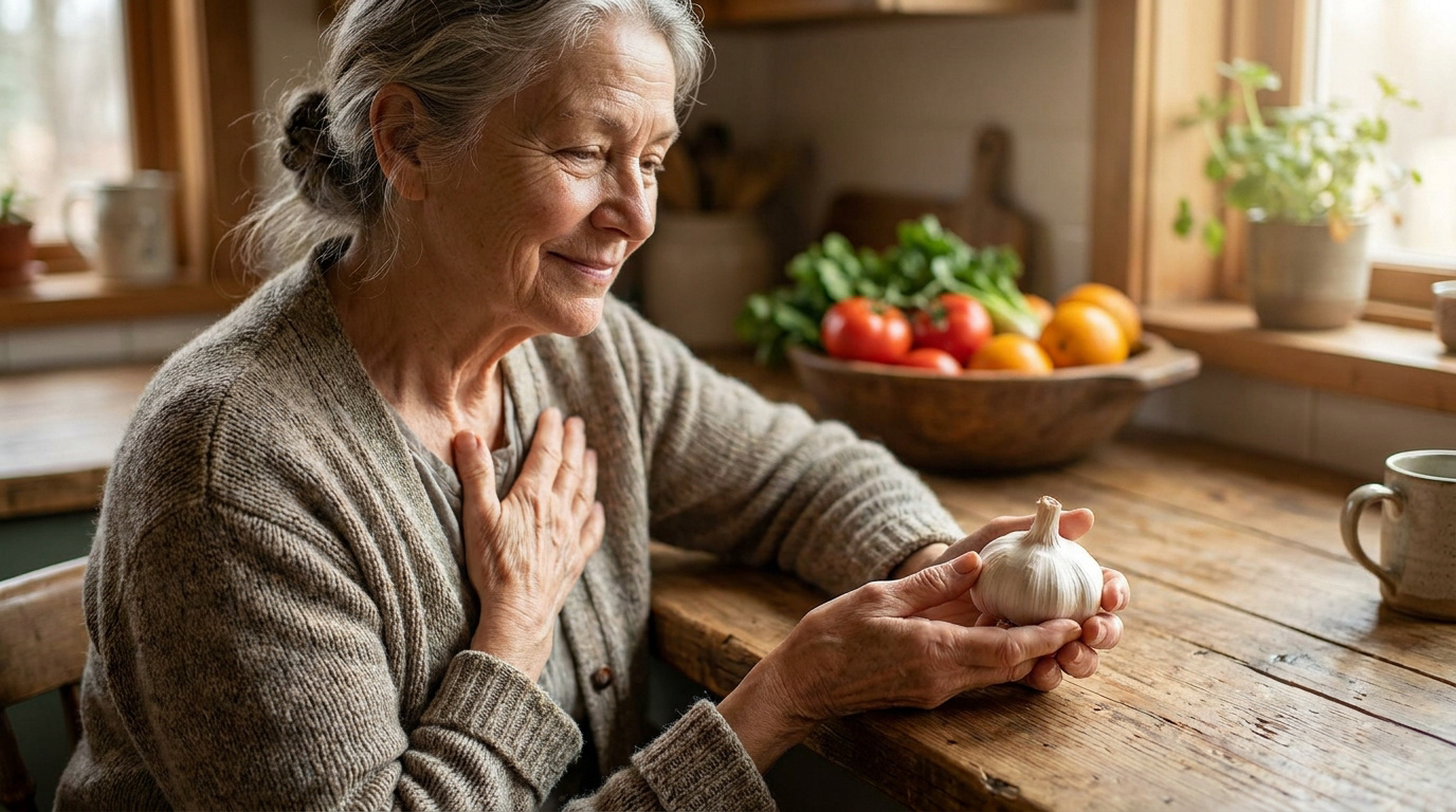 Une femme âgée tient une tête d'ail dans sa cuisine avec des légumes frais en arrière-plan.