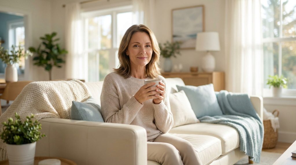 Une femme souriante assise confortablement sur un canapé, tenant une tasse, chez elle après une opération.