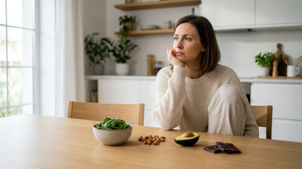 Femme pensive devant des aliments riches en magnésium comme des épinards, des amandes, un avocat et du chocolat noir.