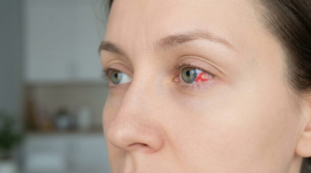 Gros plan sur l'œil d'une femme présentant une tache rouge vif due à une hémorragie sous-conjonctivale.