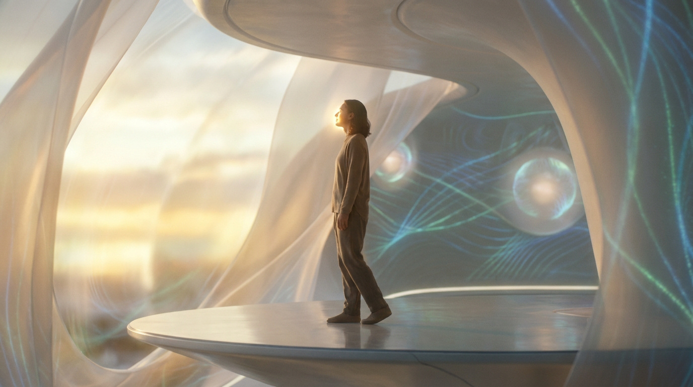 Une personne regarde l'horizon dans un environnement futuriste apaisant avec des projections lumineuses abstraites.