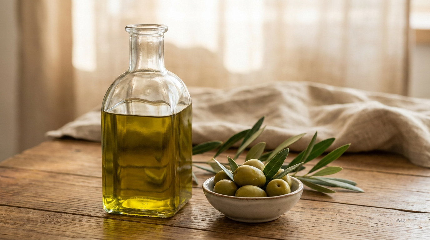 Bouteille d'huile d'olive et un bol d'olives fraîches sur une table en bois rustique.