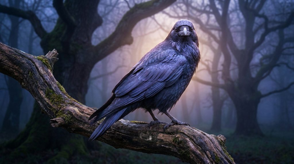 Un corbeau noir perché sur une branche dans une forêt brumeuse et mystique.