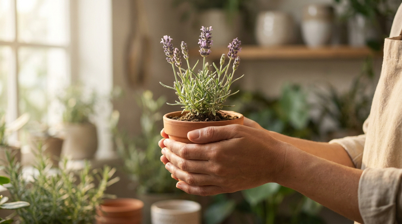 Mains tenant un petit pot en terre cuite avec une plante de lavande, dans un intérieur lumineux et apaisant.