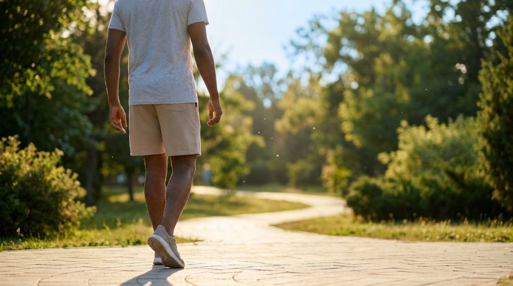 Un homme marche sur un sentier ensoleillé dans un parc, symbolisant la rééducation et le retour à l'autonomie.