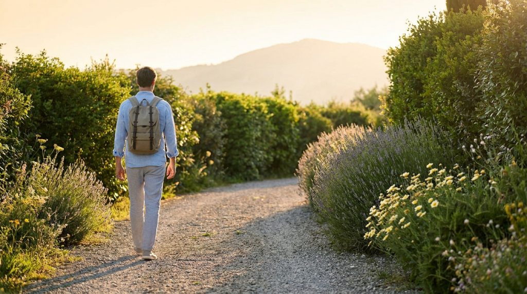 Un homme avec un sac à dos marche sur un chemin de campagne bordé de fleurs au coucher du soleil.
