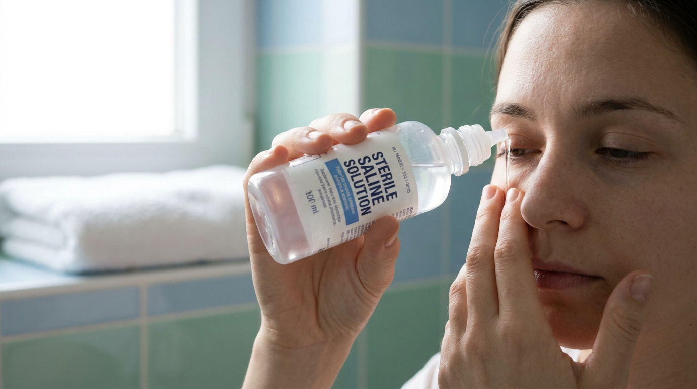 Une femme utilisant une solution saline stérile pour rincer son œil au-dessus d'un lavabo de salle de bain.