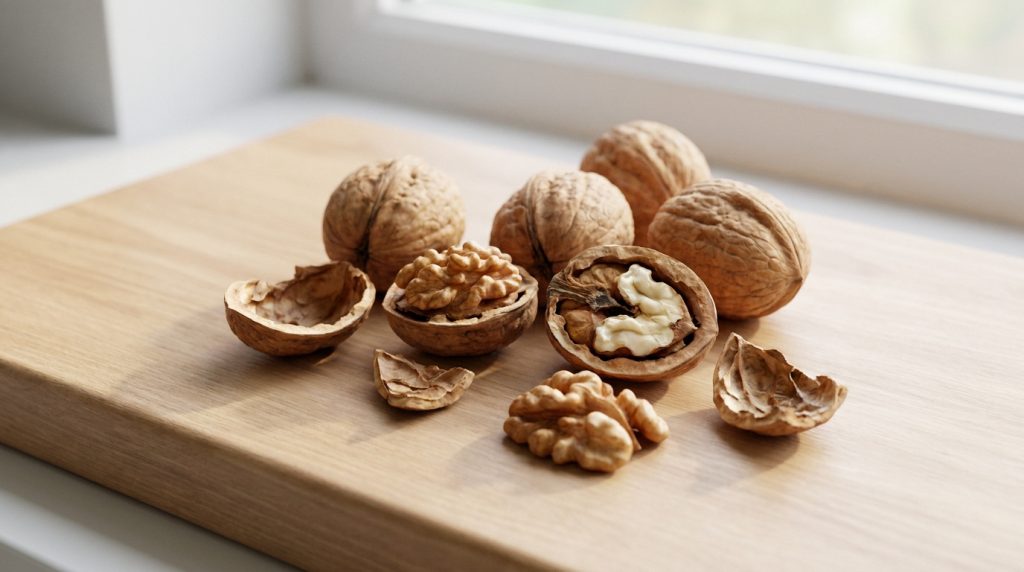 Des noix entières et décortiquées disposées sur une planche à découper en bois près d'une fenêtre.