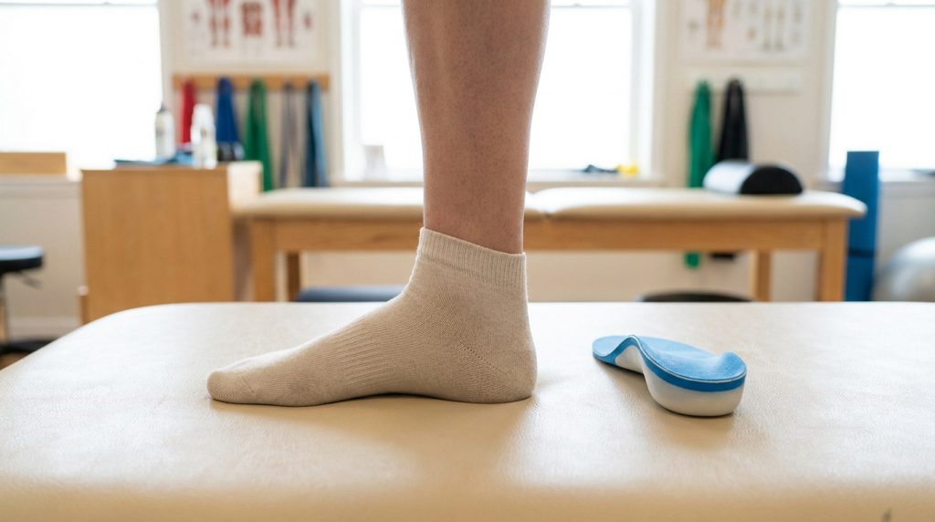 Vue latérale d'un pied portant une chaussette posé sur une table de consultation à côté d'une semelle orthopédique bleue.