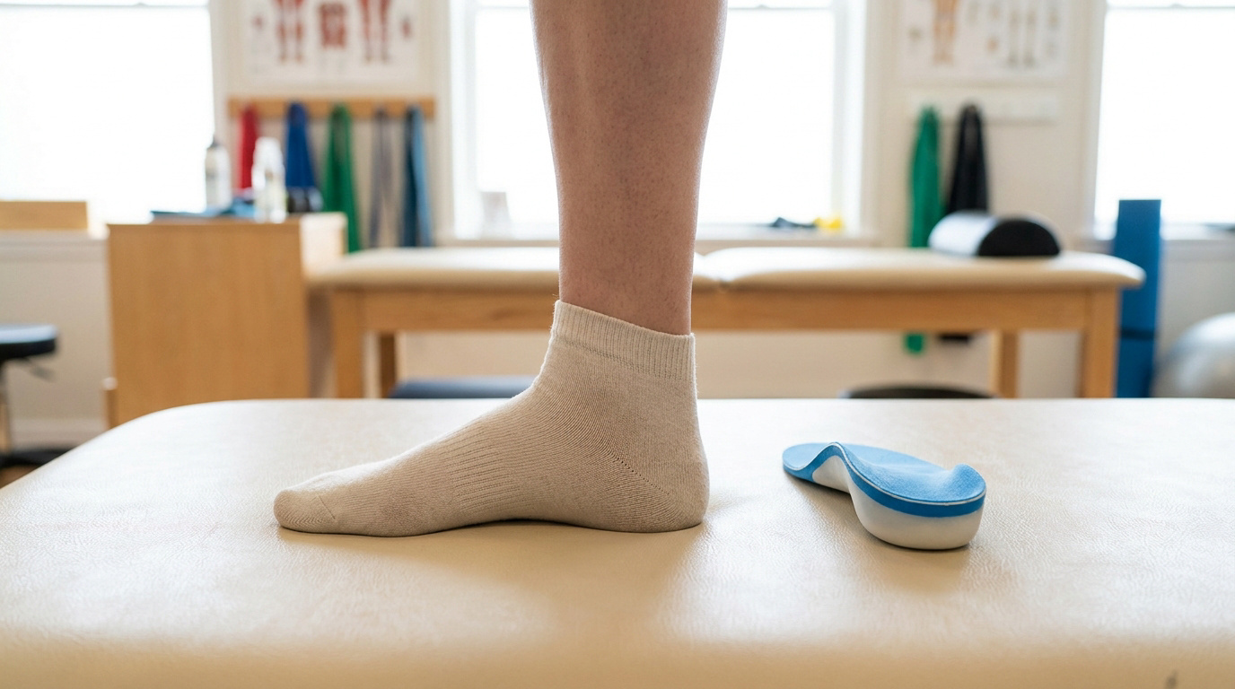 Vue latérale d'un pied portant une chaussette posé sur une table de consultation à côté d'une semelle orthopédique bleue.