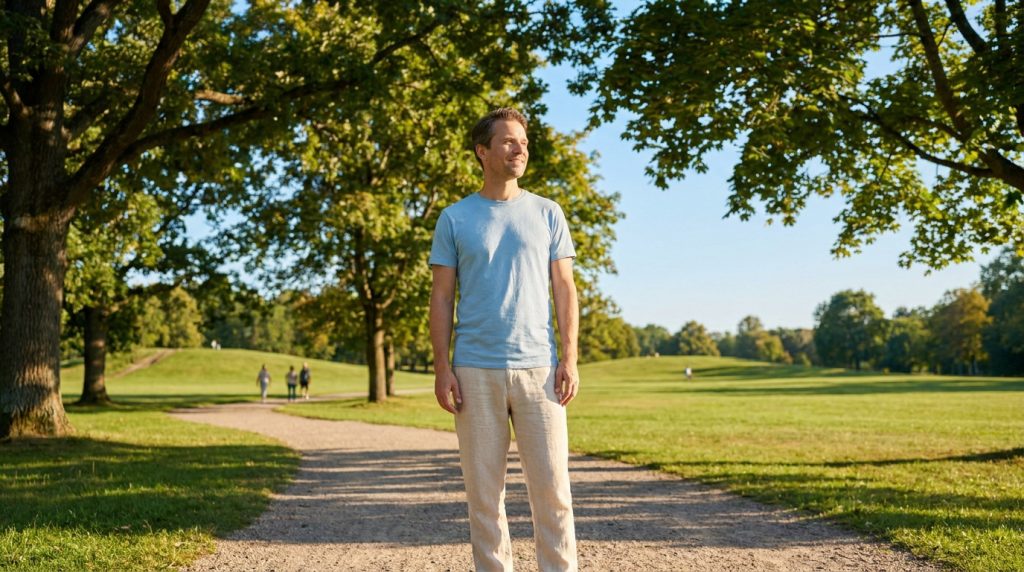 Un homme souriant en t-shirt bleu se promène dans un parc ensoleillé.