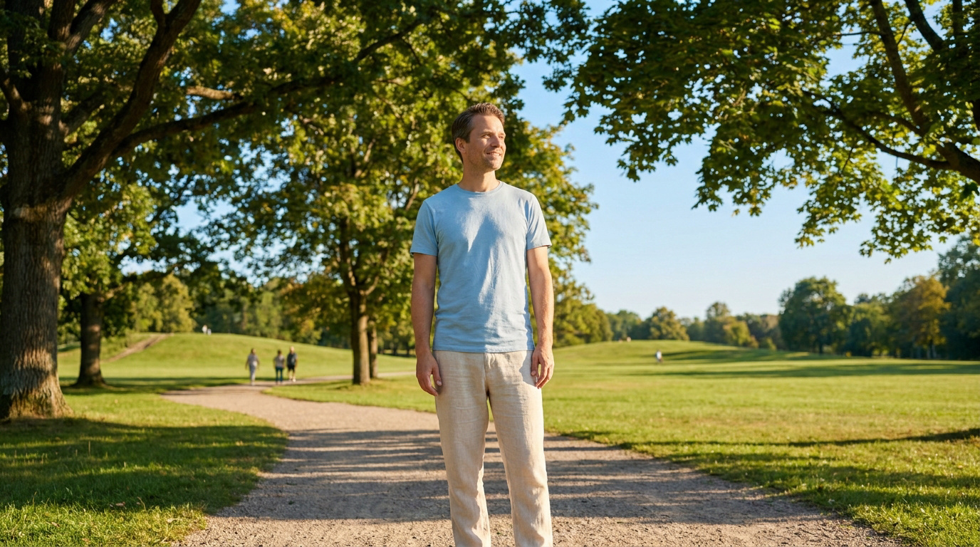 Un homme souriant en t-shirt bleu se promène dans un parc ensoleillé.
