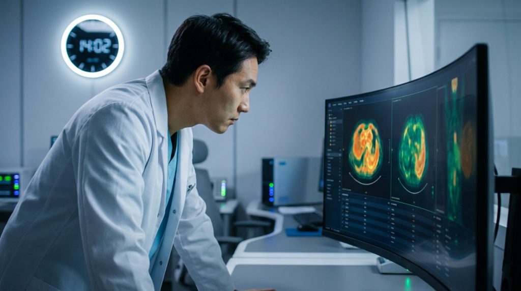 Un médecin analyse des images de scanner PET sur un écran incurvé dans un laboratoire médical moderne.