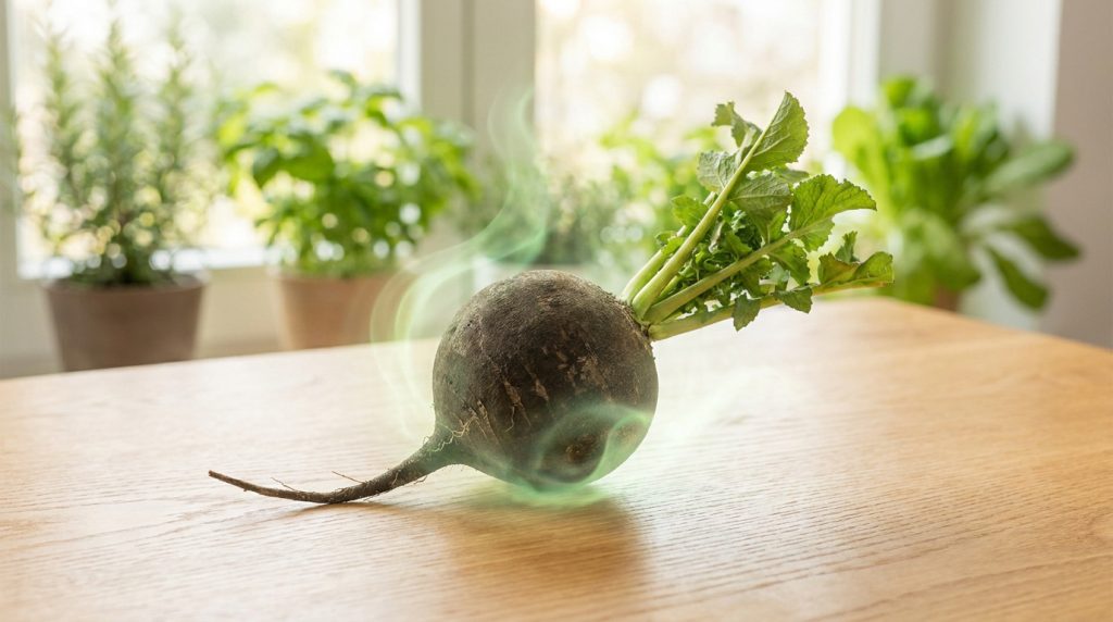 Un radis noir posé sur une table en bois avec une légère vapeur verte s'en dégageant.