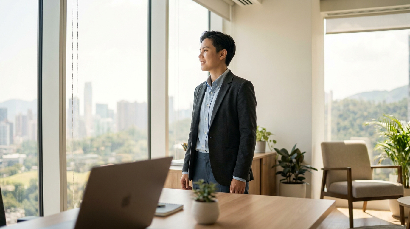 Professionnel souriant regardant par la fenêtre d'un bureau moderne lumineux.