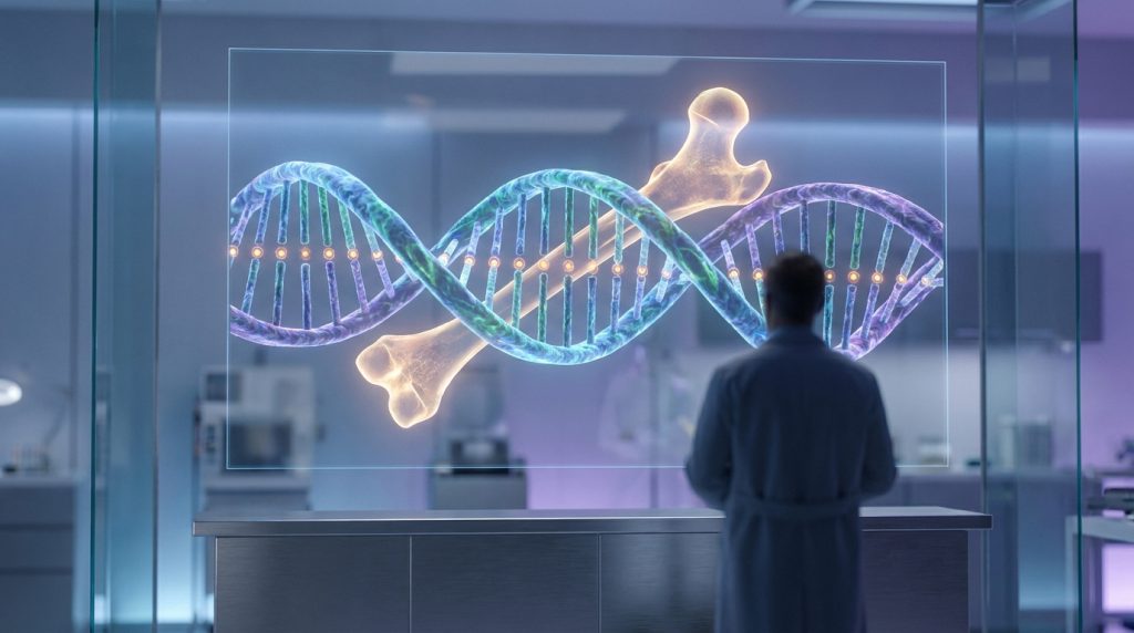 Un chercheur examine une visualisation holographique d'un brin d'ADN entrelacé avec un os dans un laboratoire.