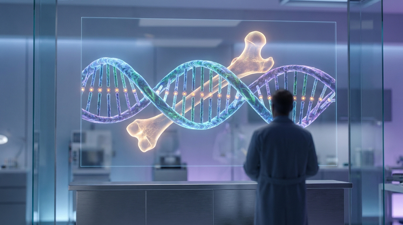 Un chercheur examine une visualisation holographique d'un brin d'ADN entrelacé avec un os dans un laboratoire.