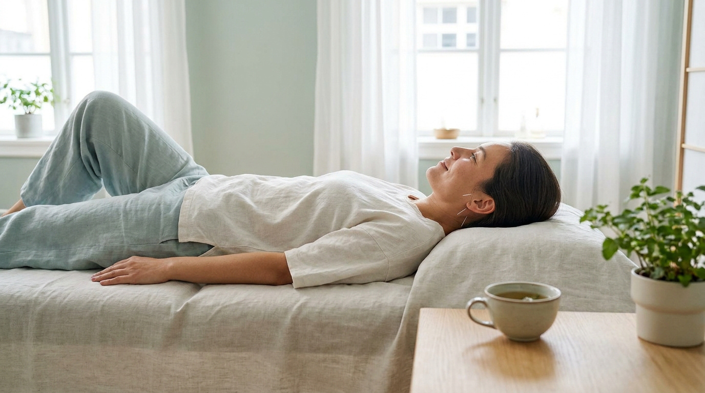 Femme détendue allongée sur une table de massage recevant une séance d'acupuncture auriculaire dans un cadre apaisant.