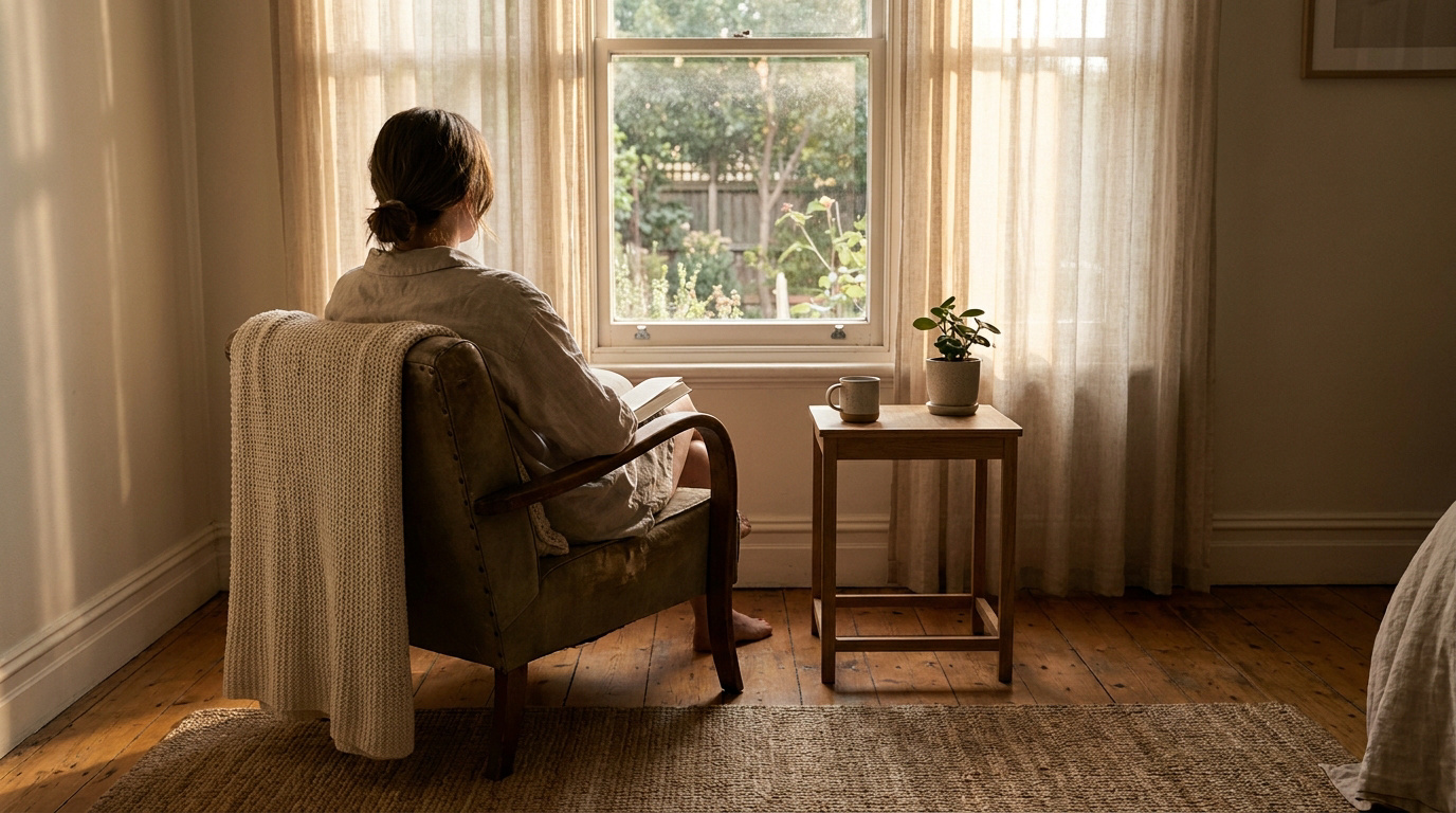 Une femme se repose dans un fauteuil devant une fenêtre, évoquant le calme de la convalescence à domicile.