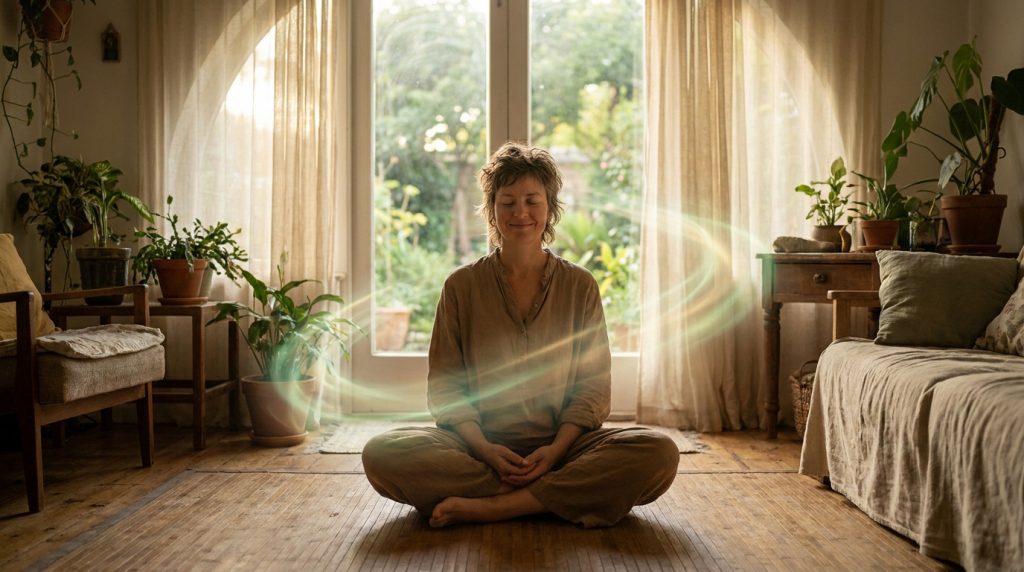 Une femme médite paisiblement dans un salon lumineux, entourée de plantes, avec une aura lumineuse autour d'elle.