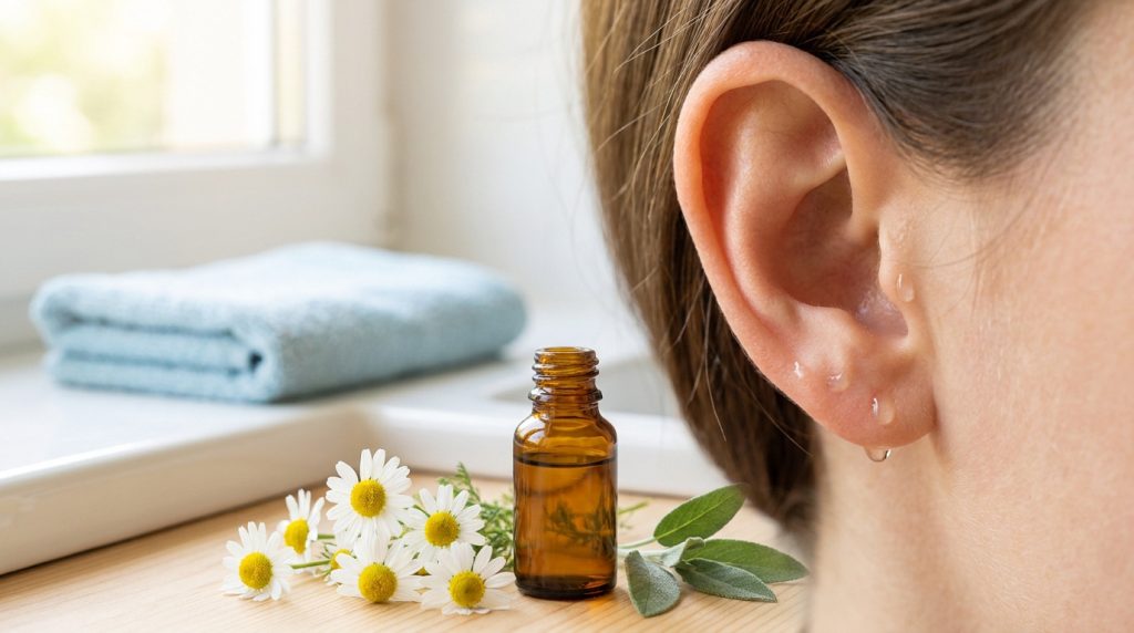 Flacon d'huile essentielle et fleurs de camomille à côté d'une oreille recevant un soin naturel.