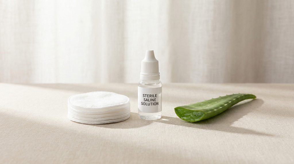 Solution saline stérile, cotons démaquillants et feuille d'aloe vera sur une surface beige pour les soins d'un piercing.