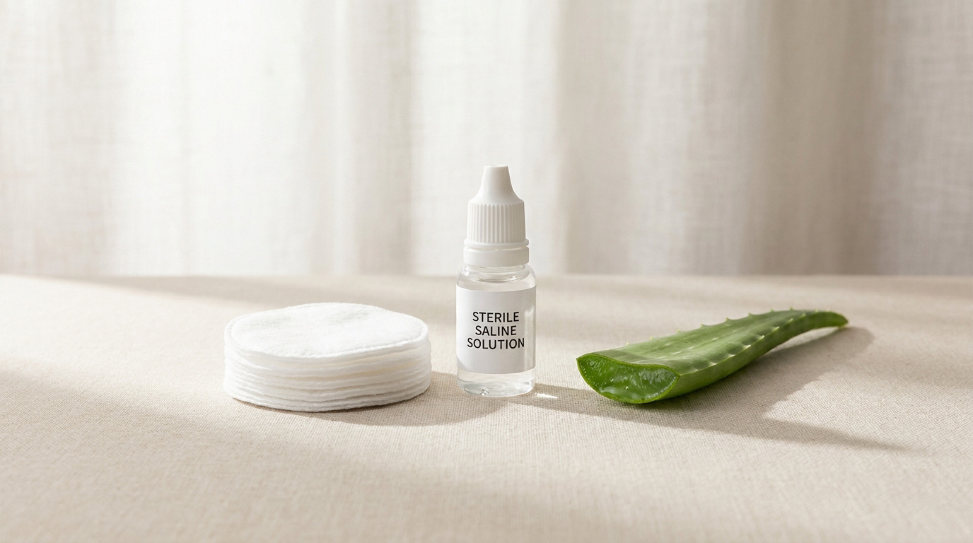 Solution saline stérile, cotons démaquillants et feuille d'aloe vera sur une surface beige pour les soins d'un piercing.