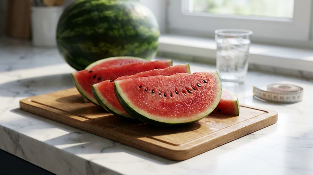 Tranches de pastèque fraîche sur une planche à découper en bois avec un mètre ruban sur un comptoir en marbre.